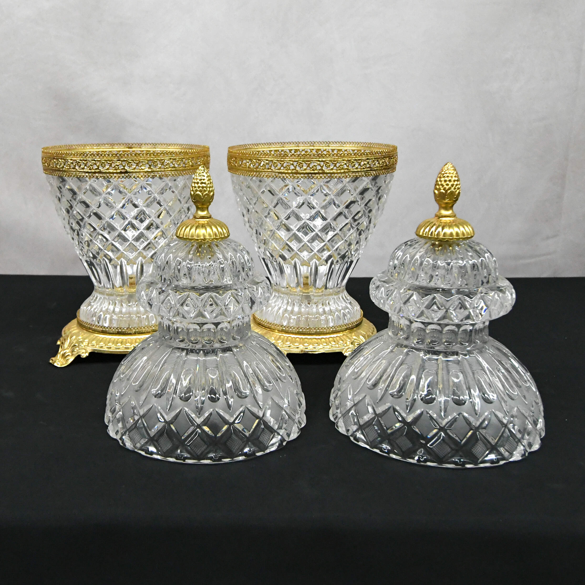 Pair of Molded Frosted Glass Lidded Urns on Gold Footed Bases-2