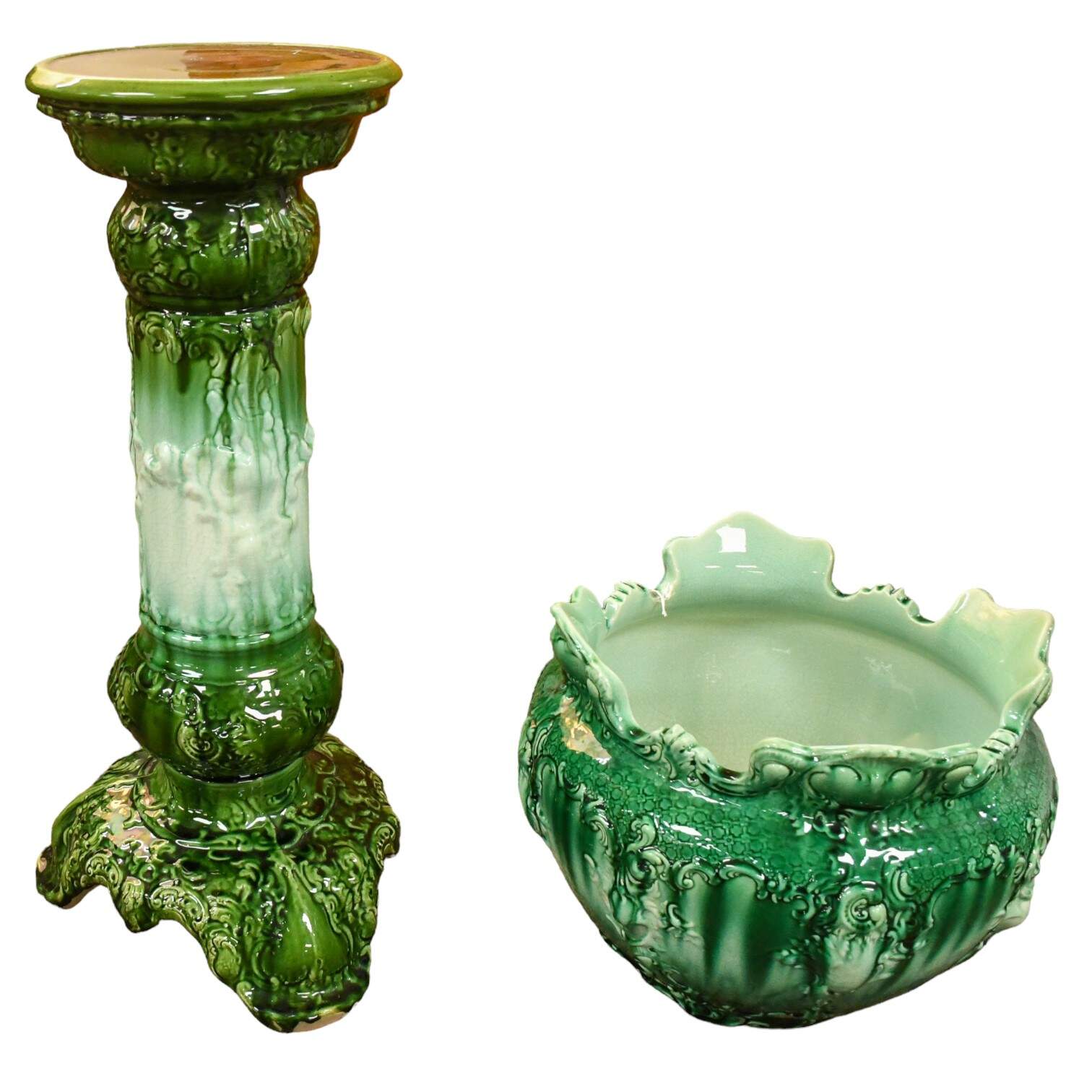Antique Green Glazed Fern Jardinière and Pedestal Base-10