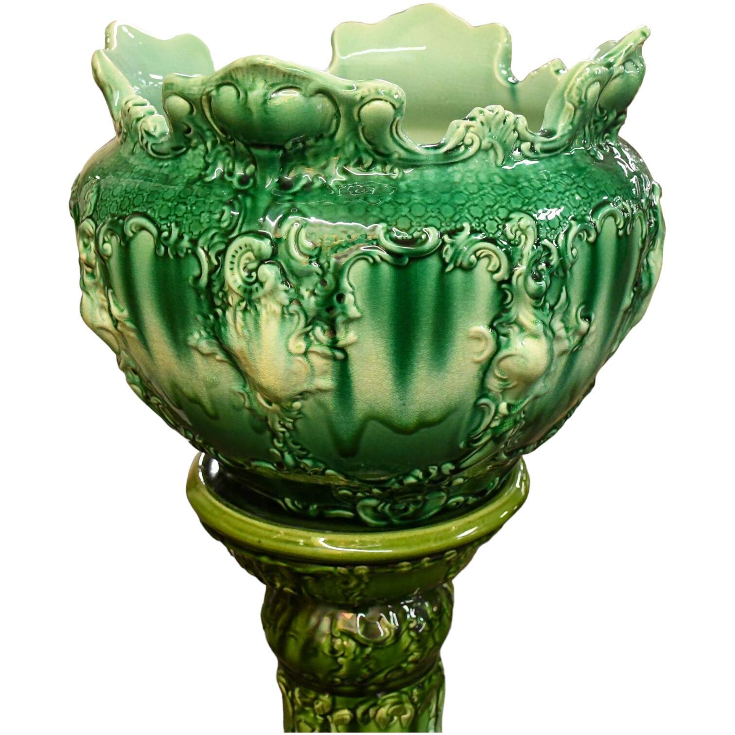 Antique Green Glazed Fern Jardinière and Pedestal Base-4