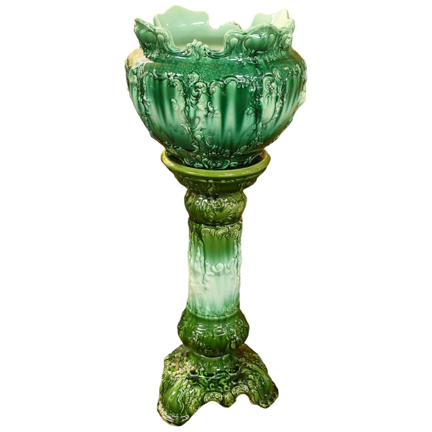 Antique Green Glazed Fern Jardinière and Pedestal Base-2