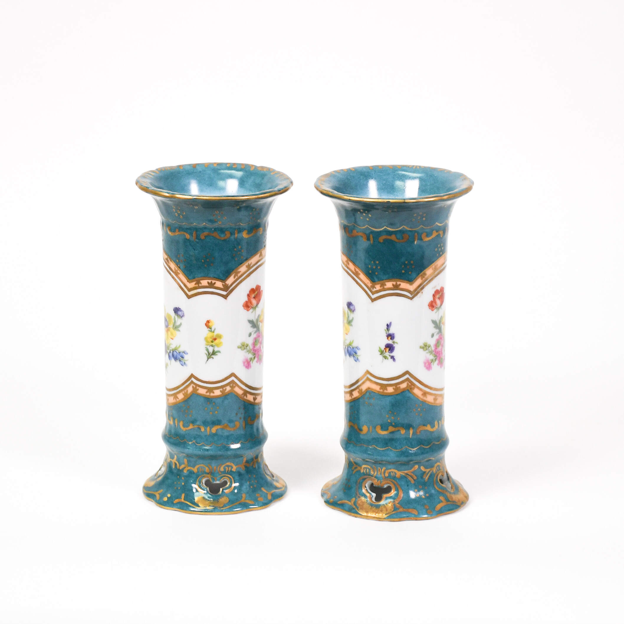 Antique Pair of Elios H.F. Peint Main Porcelain Floral Vases-4