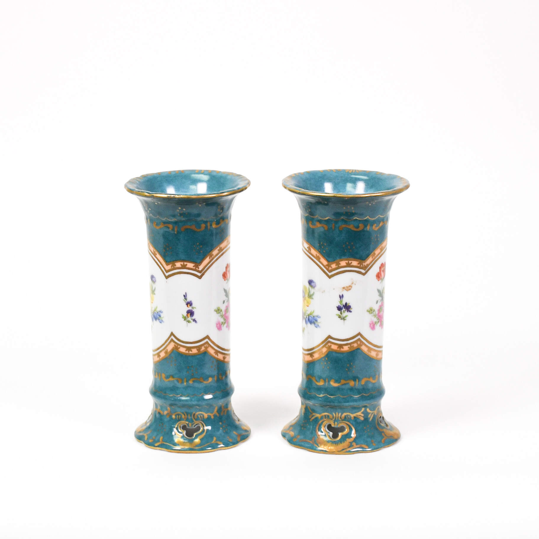 Antique Pair of Elios H.F. Peint Main Porcelain Floral Vases-2