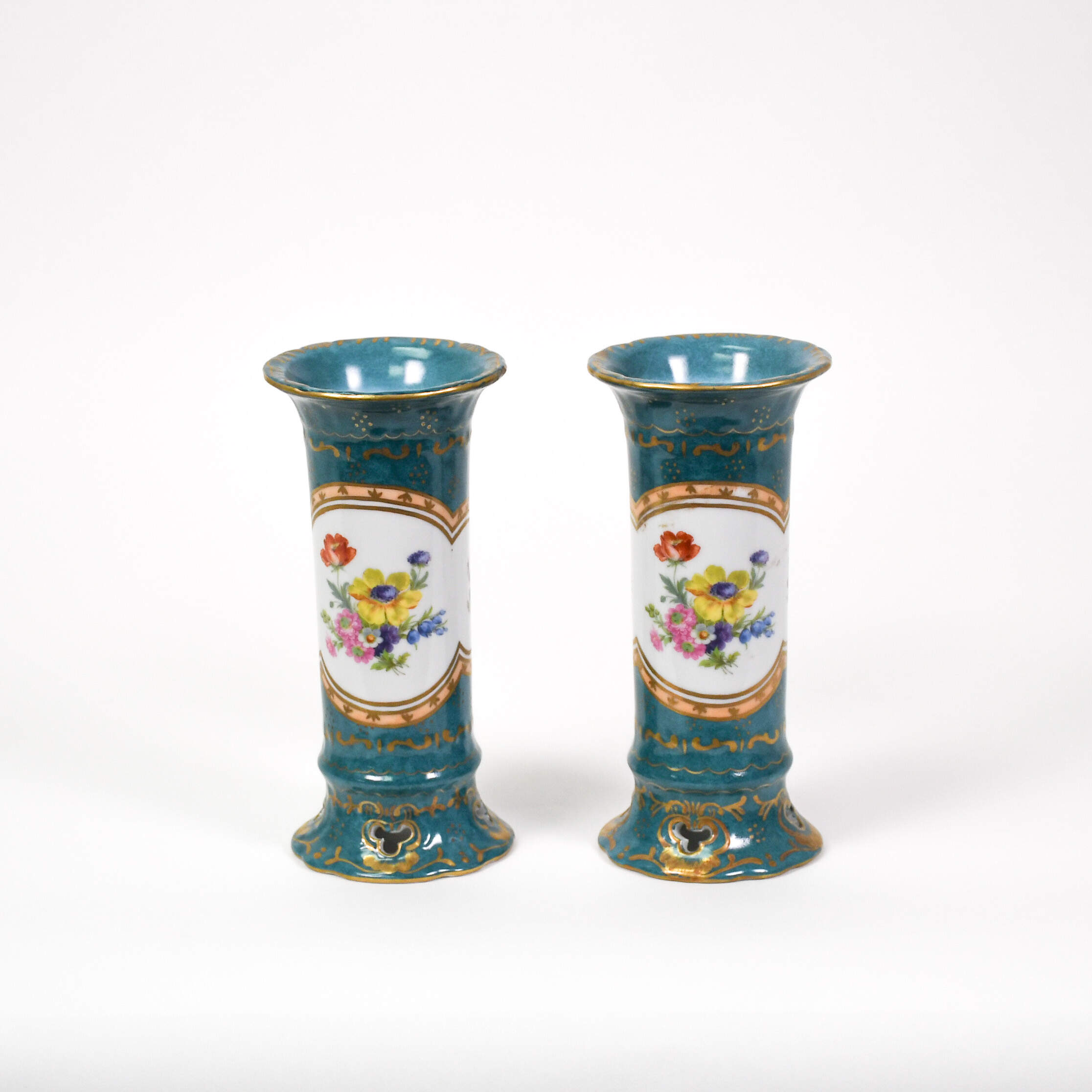 Antique Pair of Elios H.F. Peint Main Porcelain Floral Vases-1