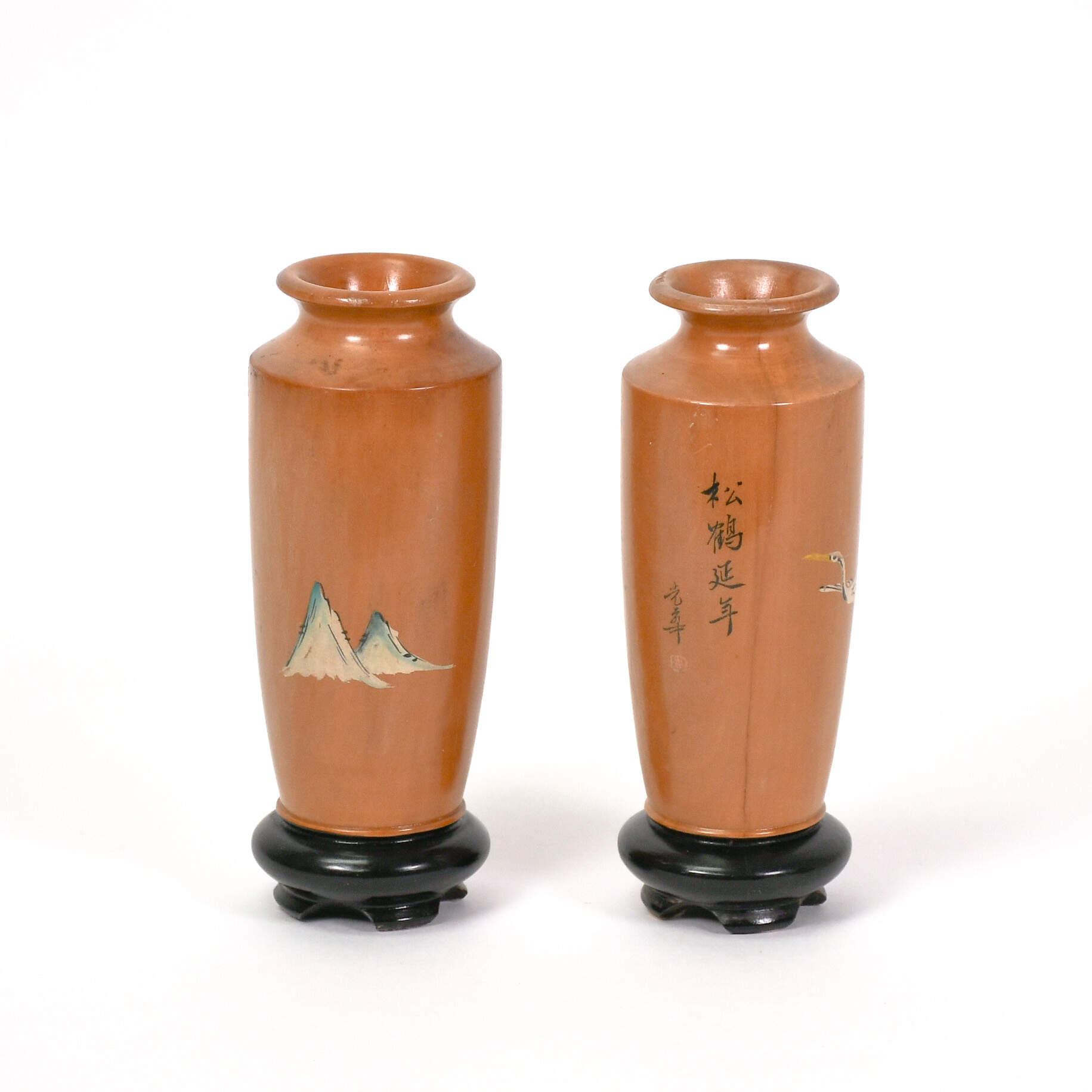 Pair of Japanese Turned Wood Fukurokuju Vases-2