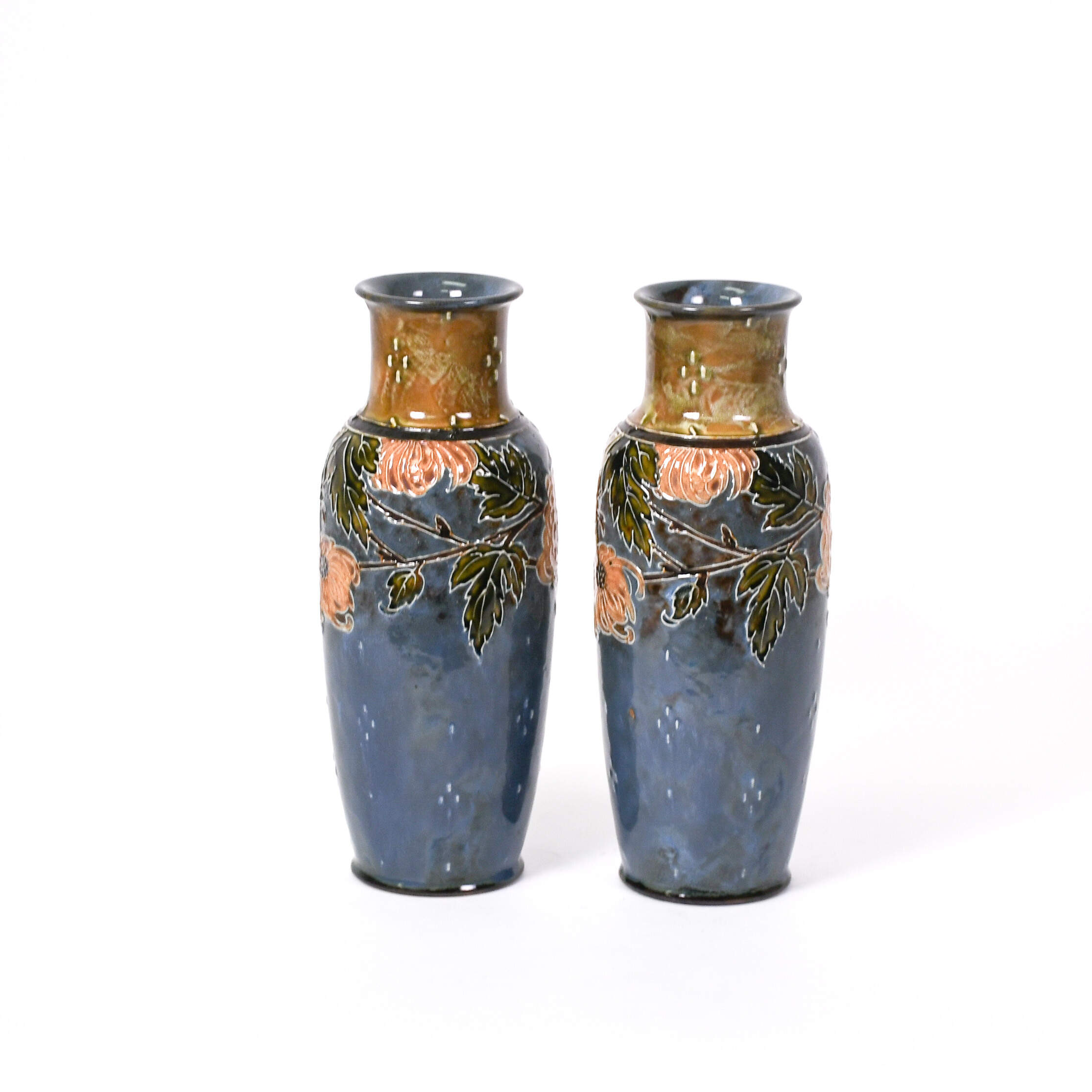 Pair of Royal Doulton Lambeth Stoneware Chrysanthemum Vases-3
