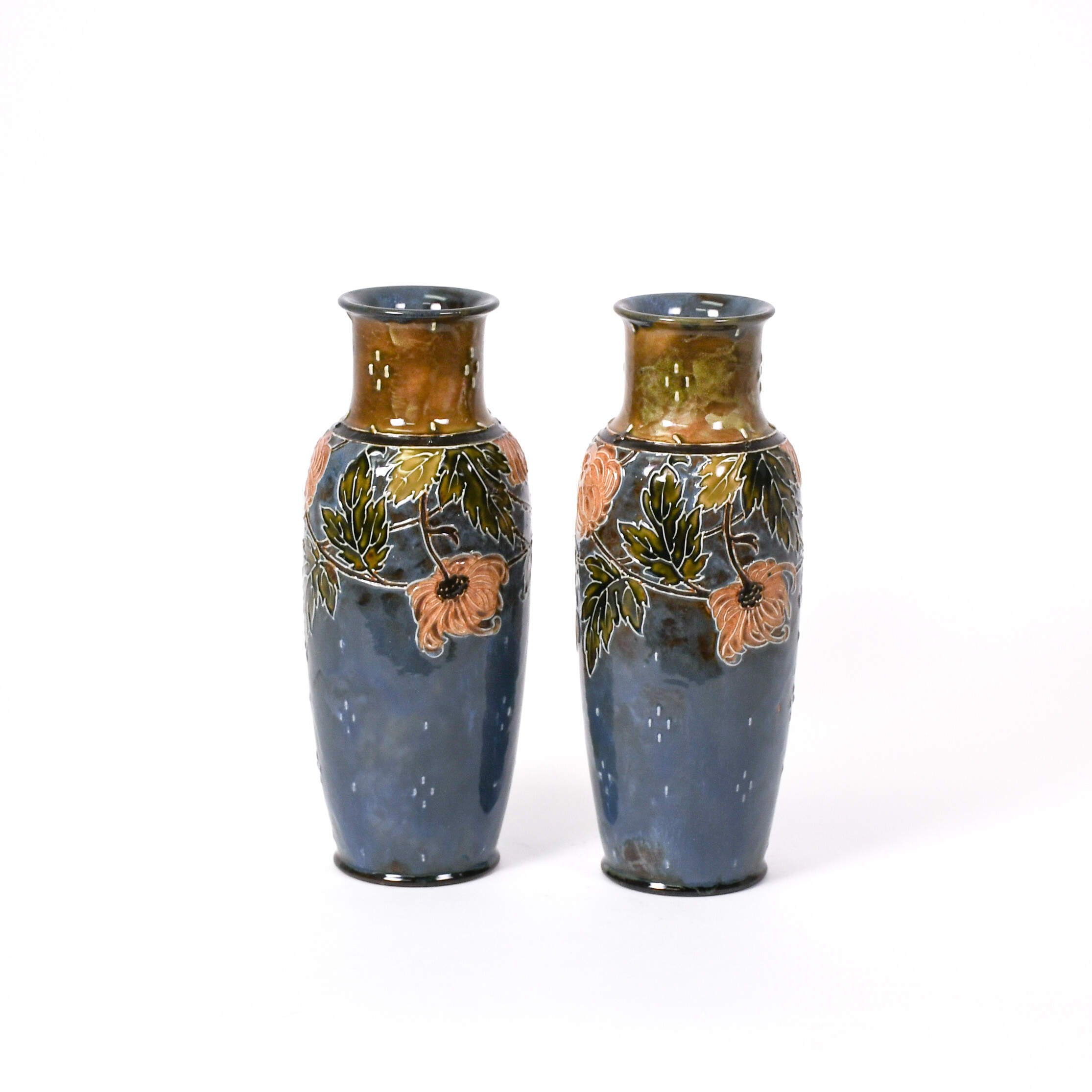 Pair of Royal Doulton Lambeth Stoneware Chrysanthemum Vases-2