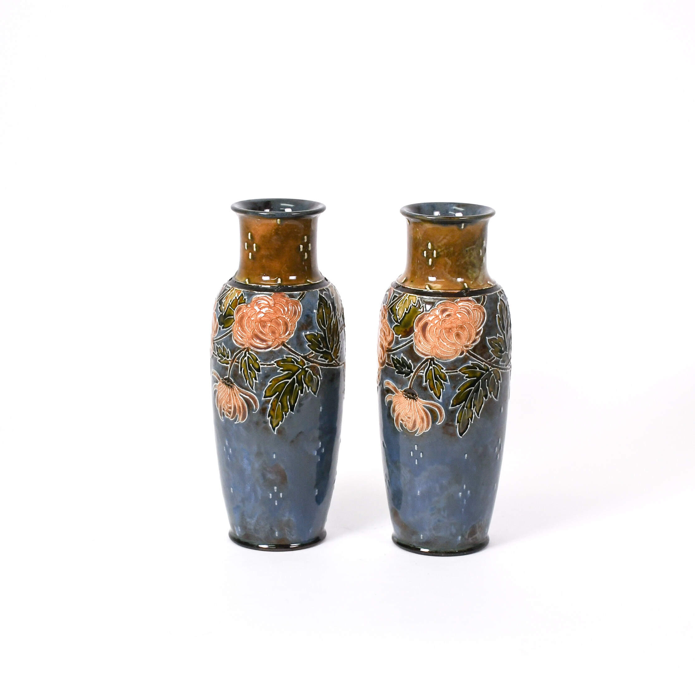 Pair of Royal Doulton Lambeth Stoneware Chrysanthemum Vases-1