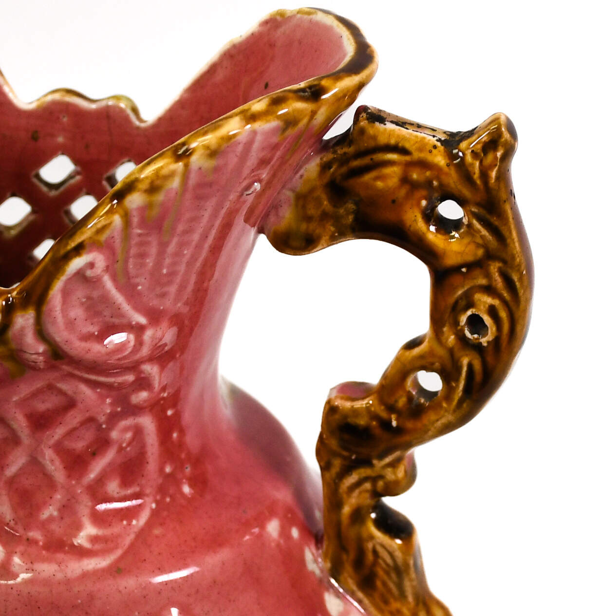 Antique Pink Majolica Two-Handled Floral Vase-8