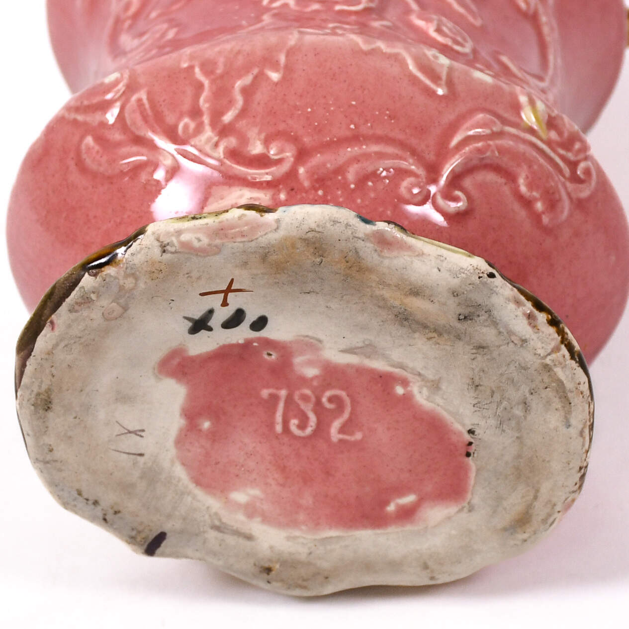 Antique Pink Majolica Two-Handled Floral Vase-7