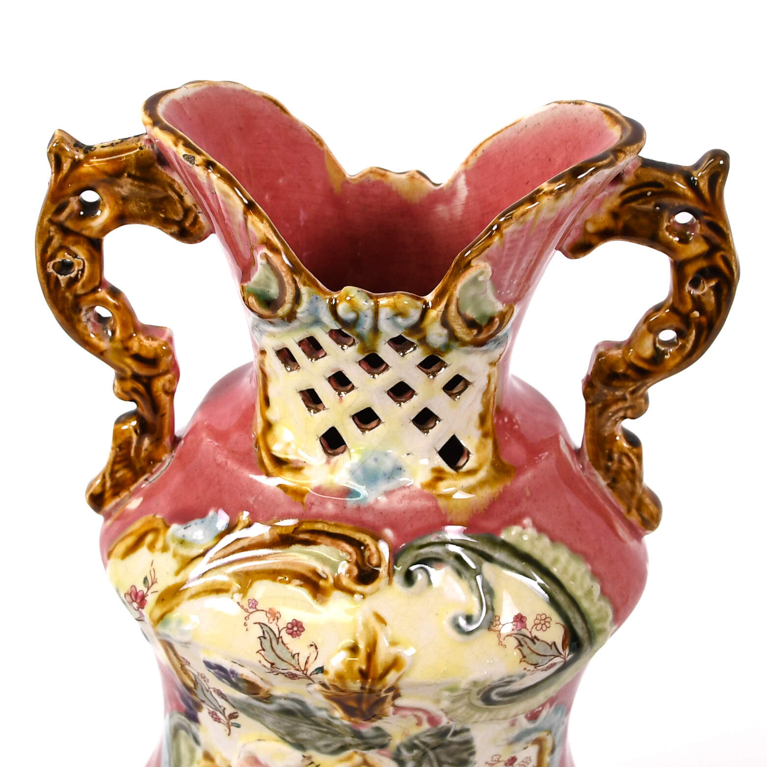 Antique Pink Majolica Two-Handled Floral Vase-6