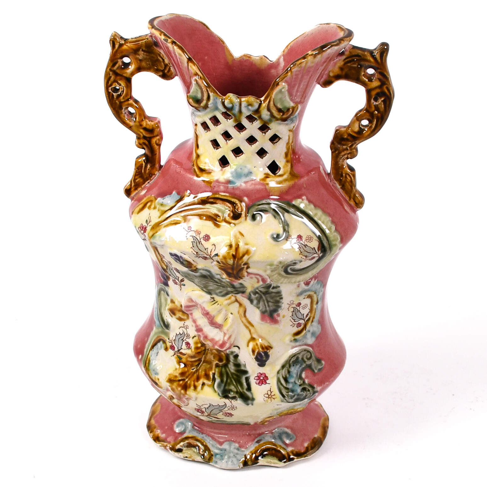 Antique Pink Majolica Two-Handled Floral Vase-5