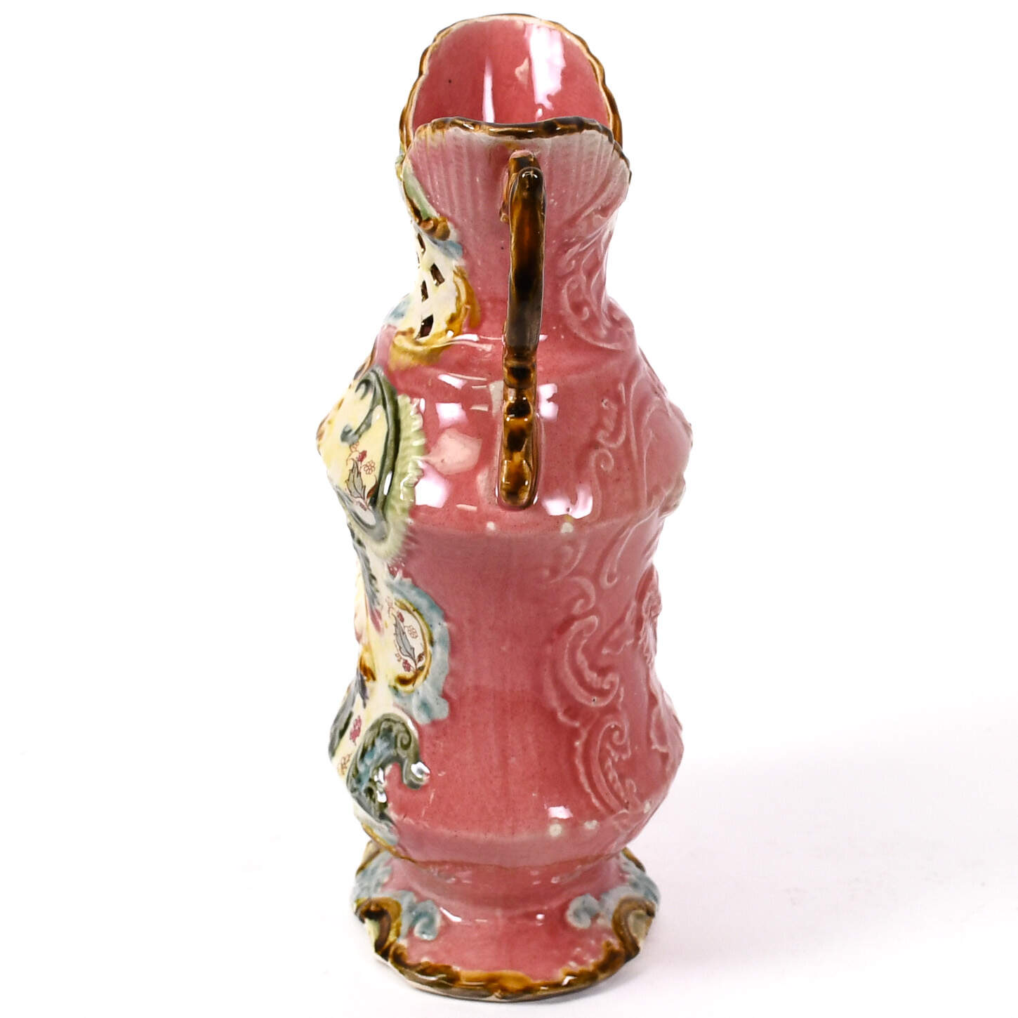 Antique Pink Majolica Two-Handled Floral Vase-4