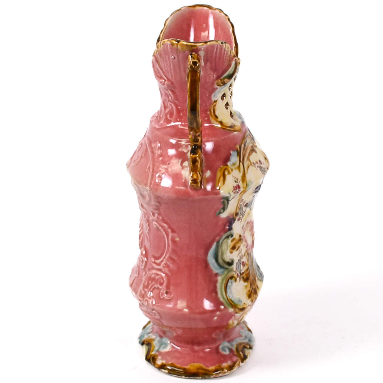 Antique Pink Majolica Two-Handled Floral Vase-2