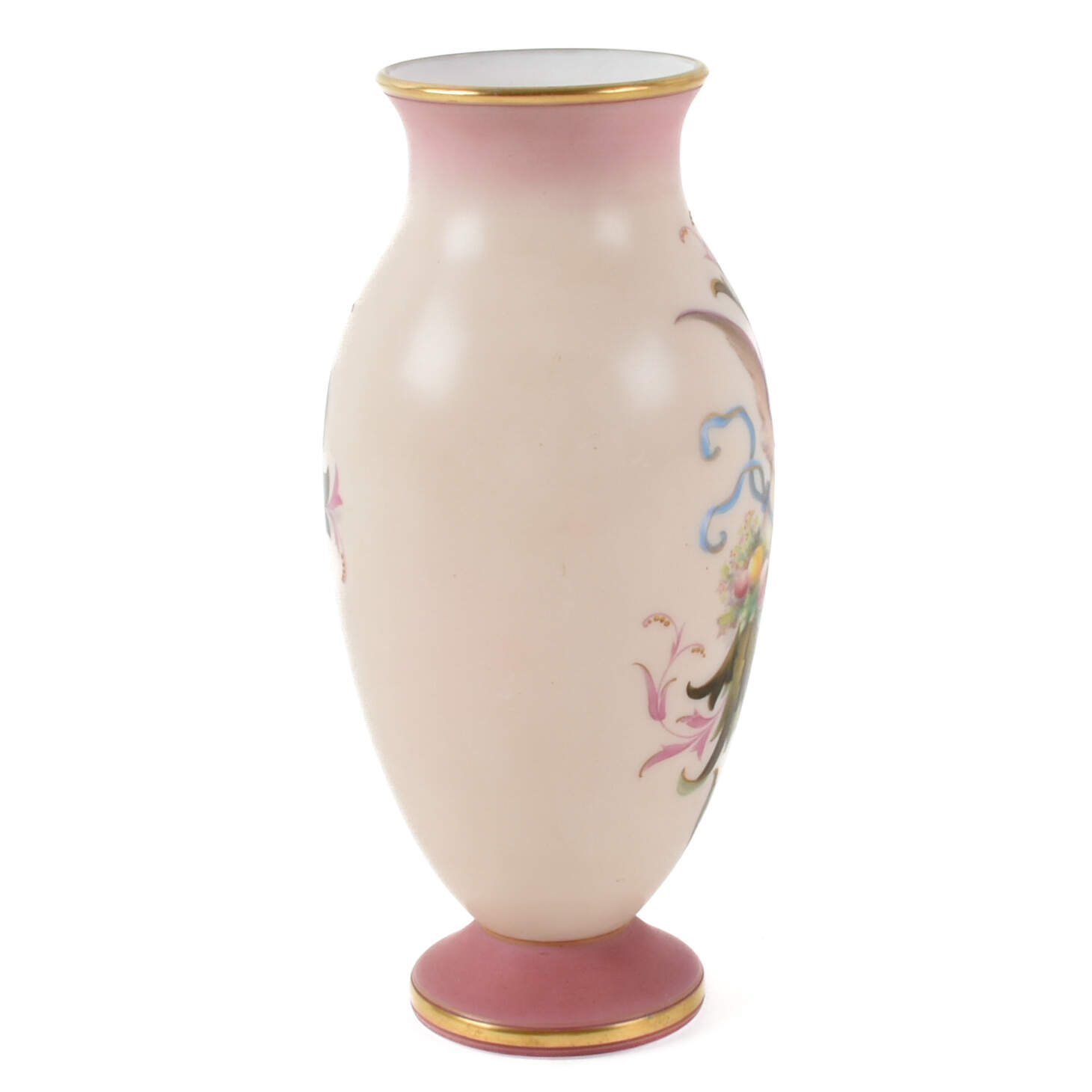 Antique Signed Pink Cased Glass Signed Cherub Vase-4