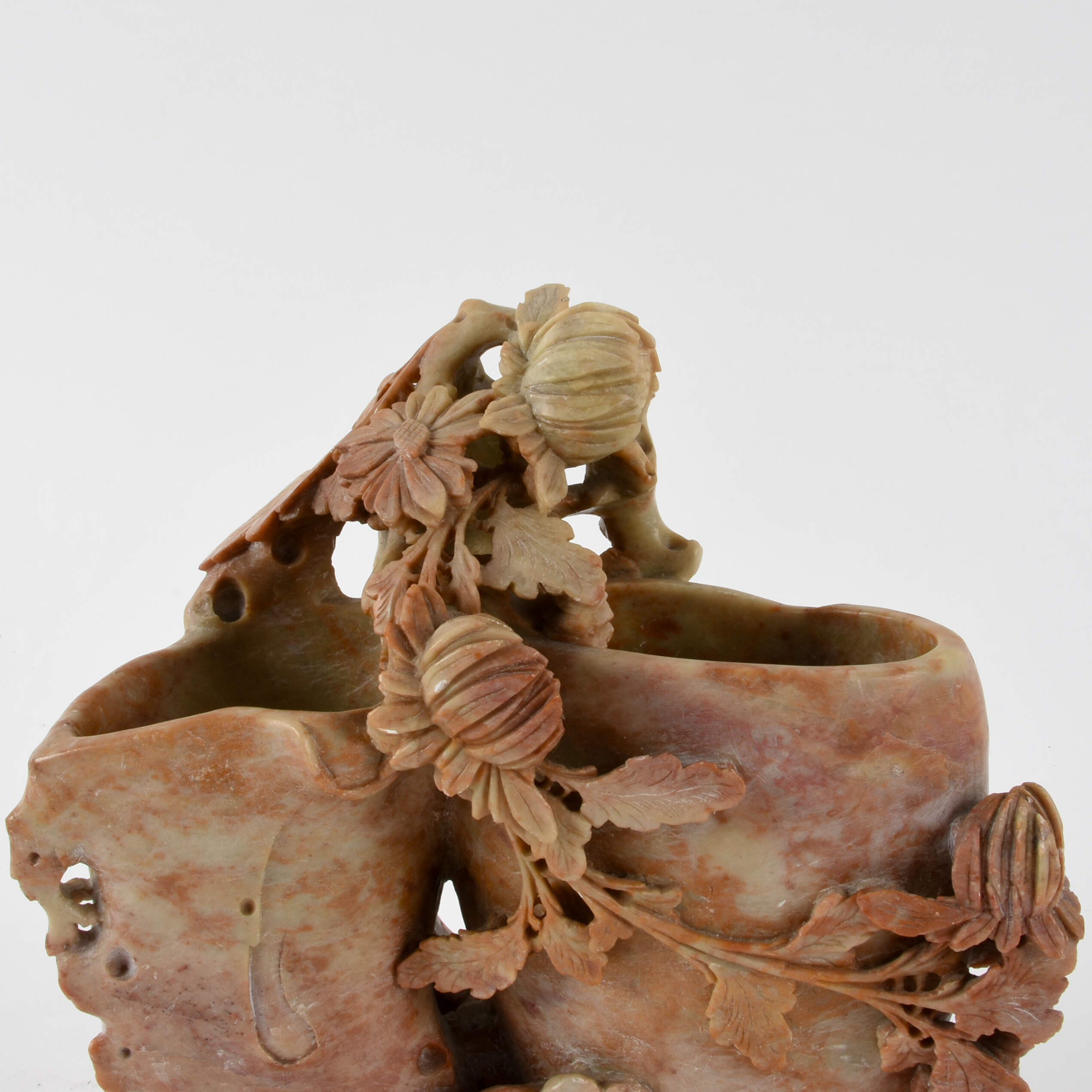 Antique Carved Floral and Bird Soapstone Vase-6