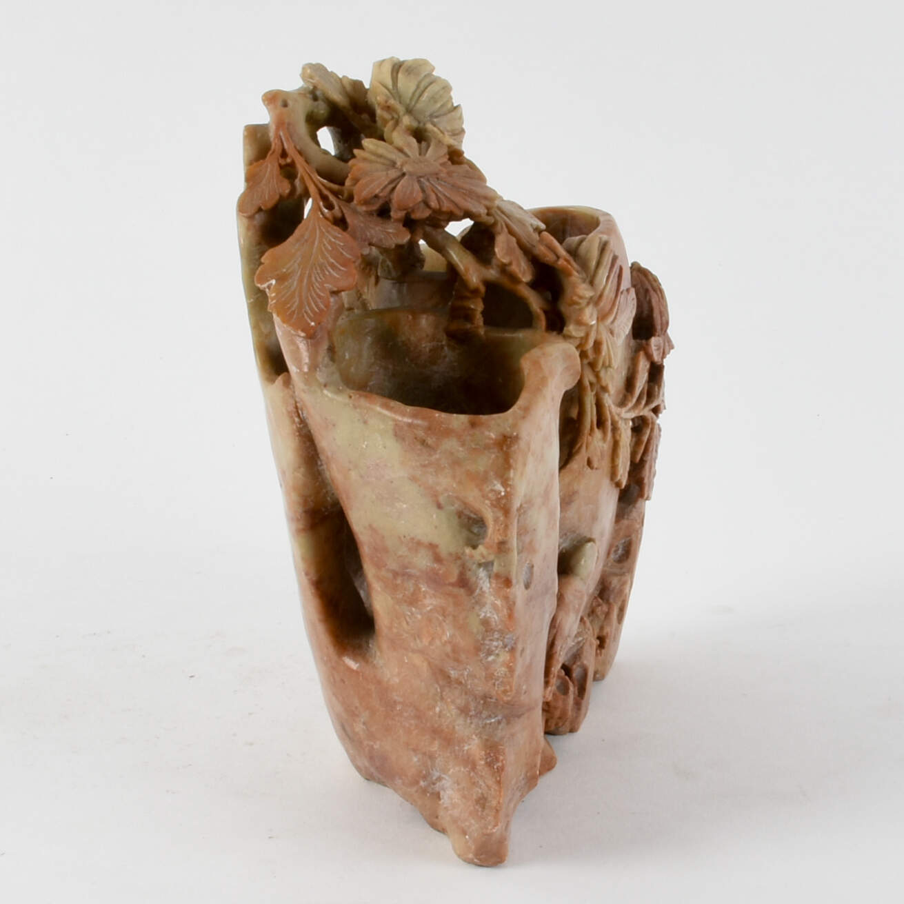 Antique Carved Floral and Bird Soapstone Vase-4