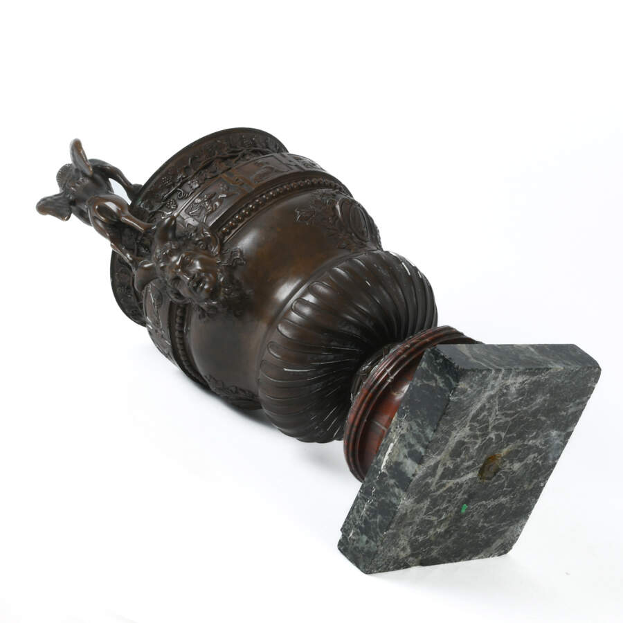 Antique Pair of Urns with Sphinx Handled Bronzes on Marble Base-11