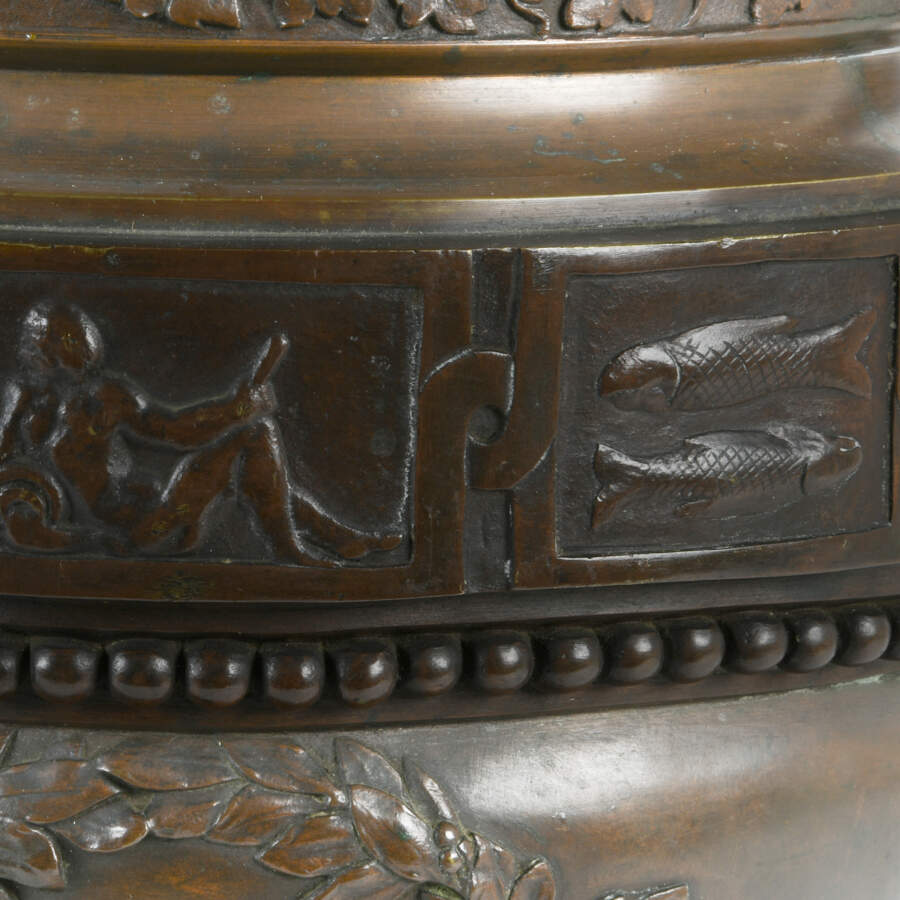 Antique Pair of Urns with Sphinx Handled Bronzes on Marble Base-9