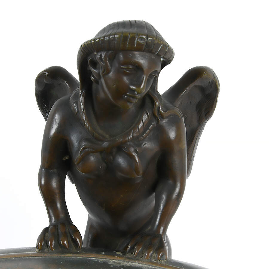 Antique Pair of Urns with Sphinx Handled Bronzes on Marble Base-5
