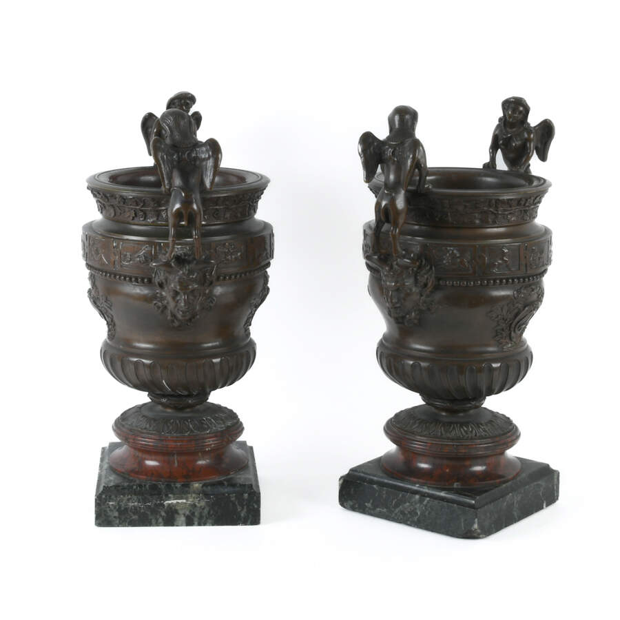 Antique Pair of Urns with Sphinx Handled Bronzes on Marble Base-3