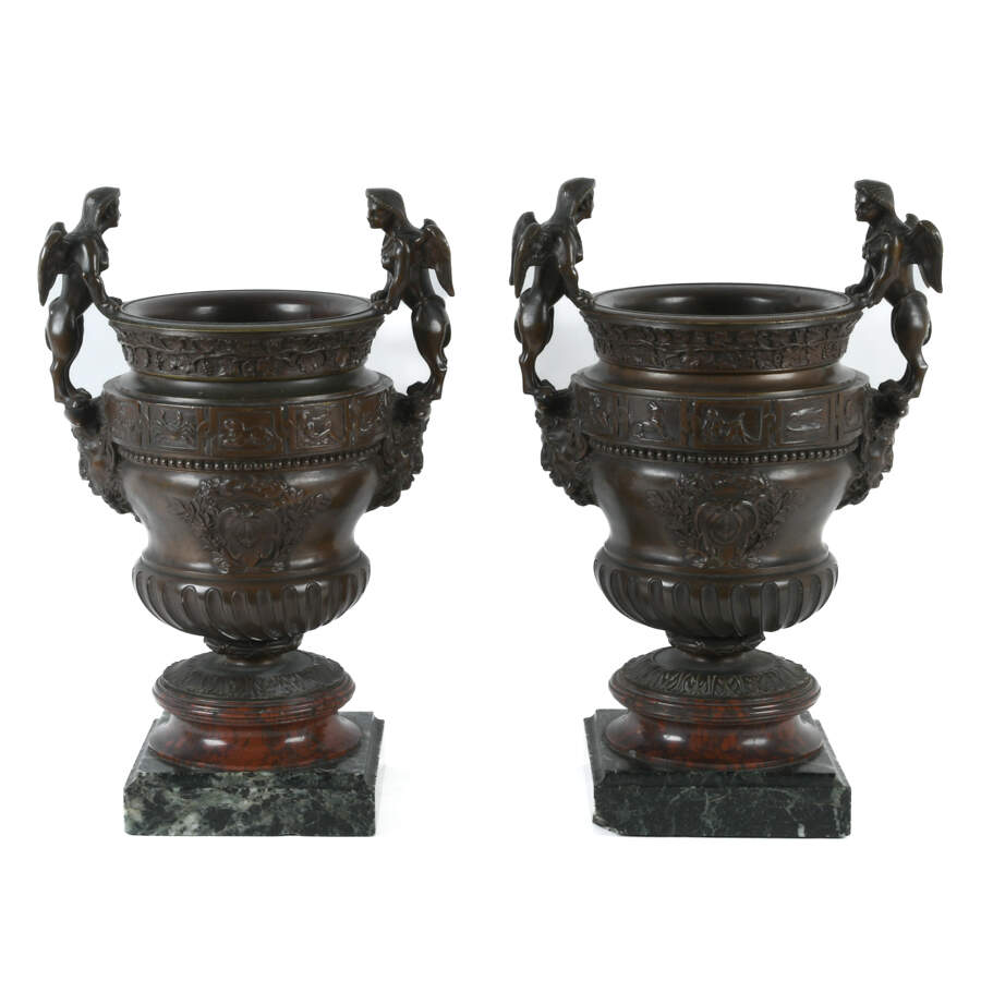 Antique Pair of Urns with Sphinx Handled Bronzes on Marble Base-1