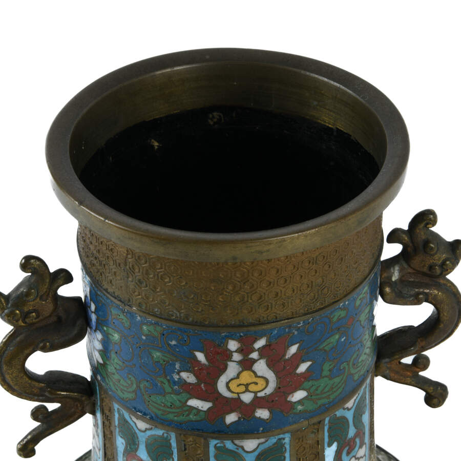 Antique Japanese Enameled Dragon Handle Champlevé Vase-6