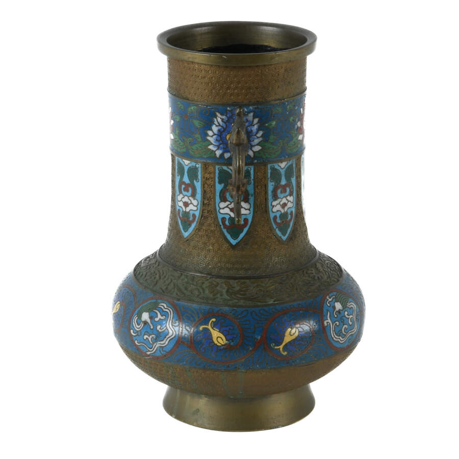 Antique Japanese Enameled Dragon Handle Champlevé Vase-4