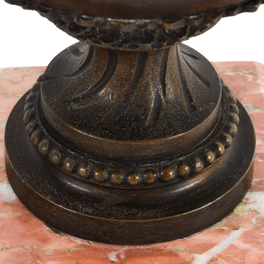 Antique Pair of Grape Motif Spelter Urns on Marble Base-7