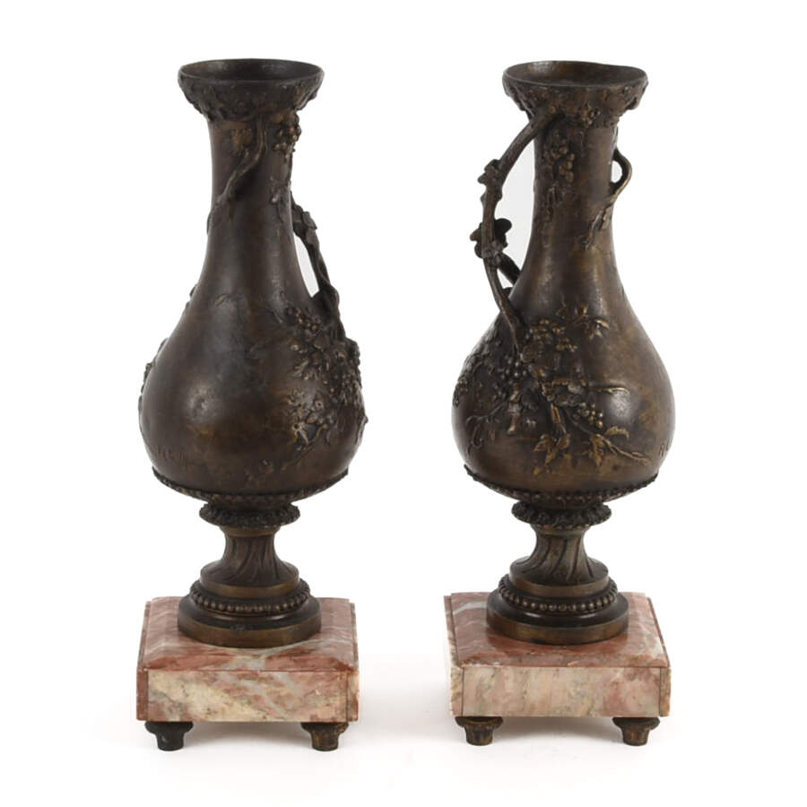 Antique Pair of Grape Motif Spelter Urns on Marble Base-3
