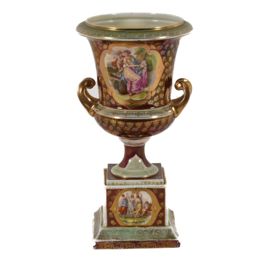 Antique Gilt Detail Garden Scenes Urn on Pedestal-6