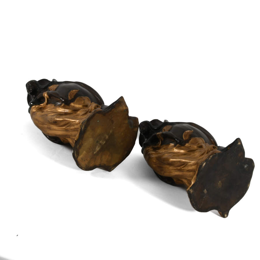 Antique Bronze Rose Form Pair of Jean Jola Woman and Child Vases-13