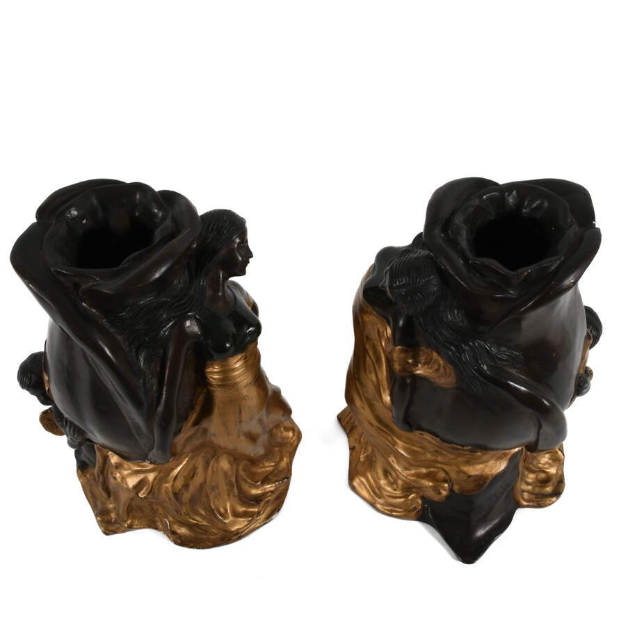 Antique Bronze Rose Form Pair of Jean Jola Woman and Child Vases-12