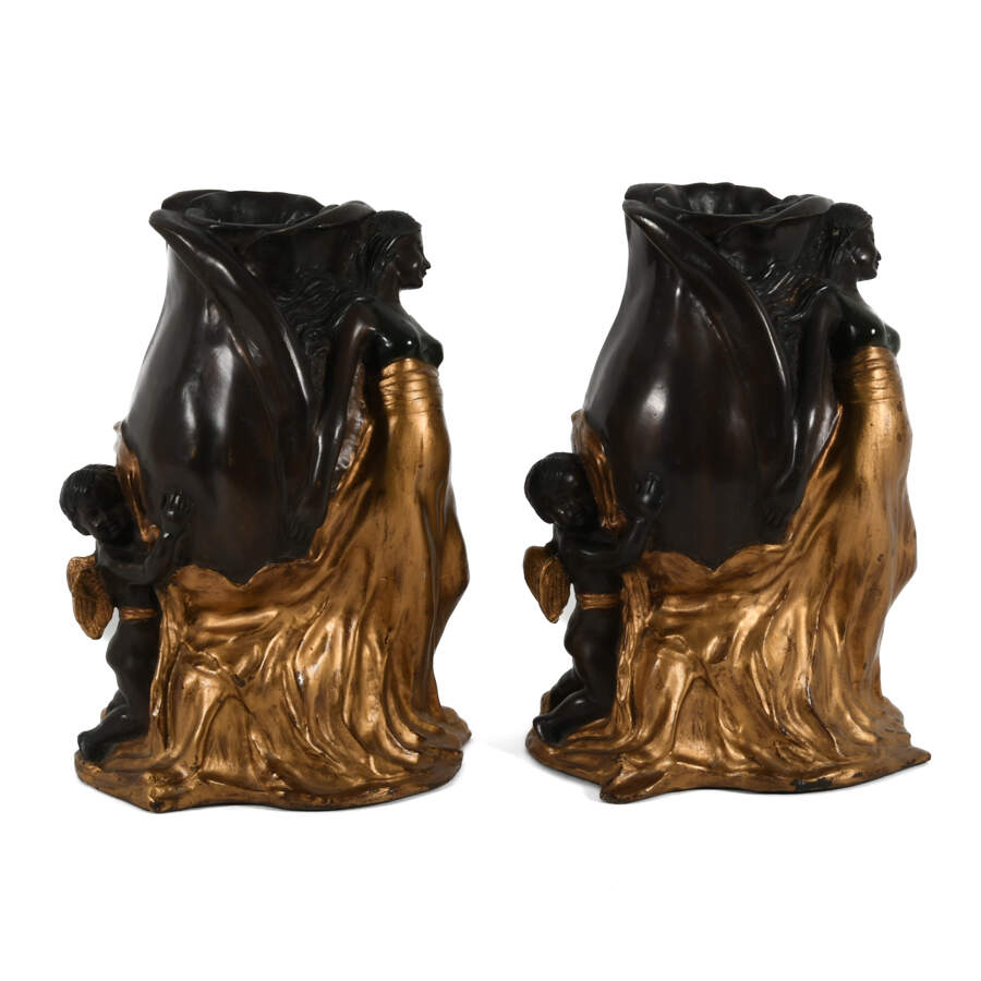 Antique Bronze Rose Form Pair of Jean Jola Woman and Child Vases-8
