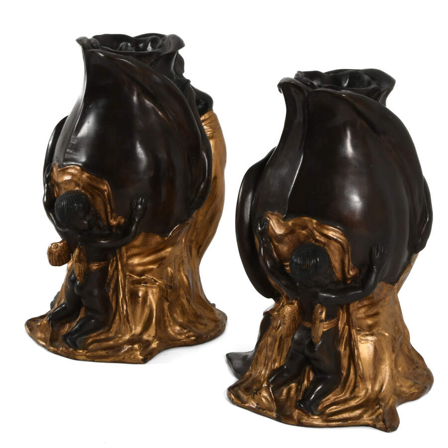 Antique Bronze Rose Form Pair of Jean Jola Woman and Child Vases-7