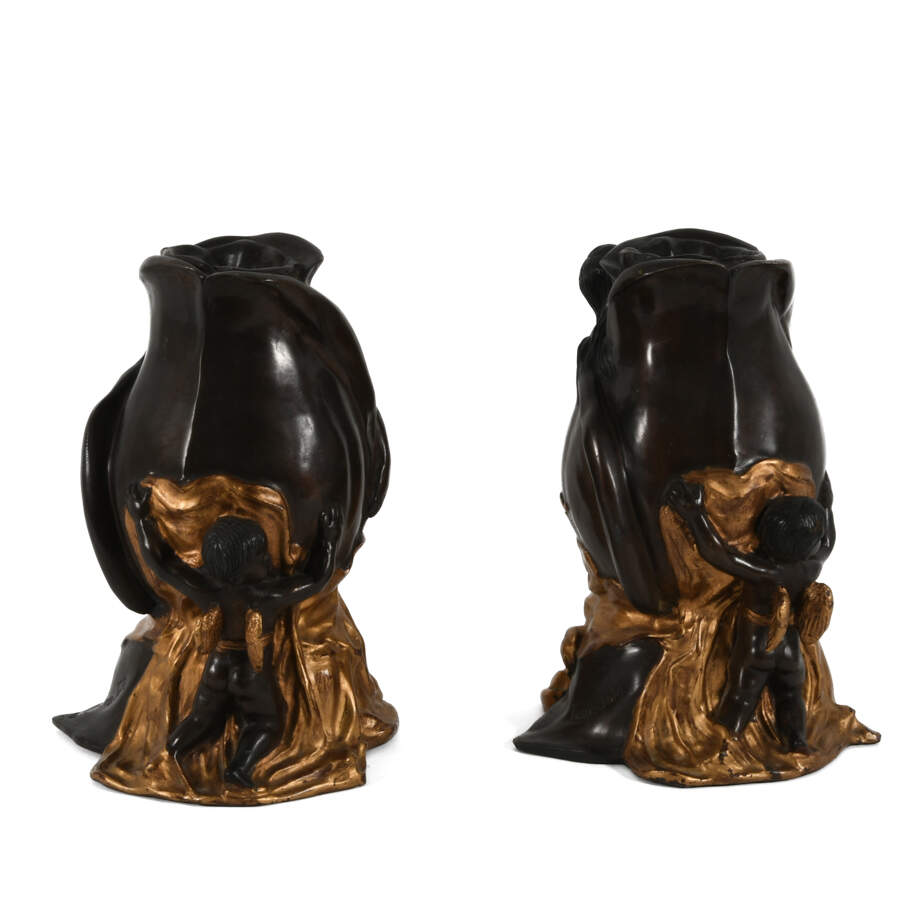 Antique Bronze Rose Form Pair of Jean Jola Woman and Child Vases-1