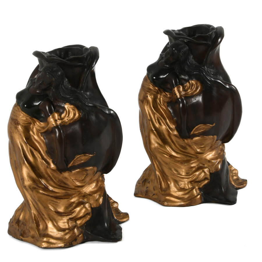Antique Bronze Rose Form Pair of Jean Jola Woman and Child Vases-5