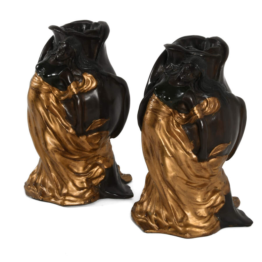 Antique Bronze Rose Form Pair of Jean Jola Woman and Child Vases-3