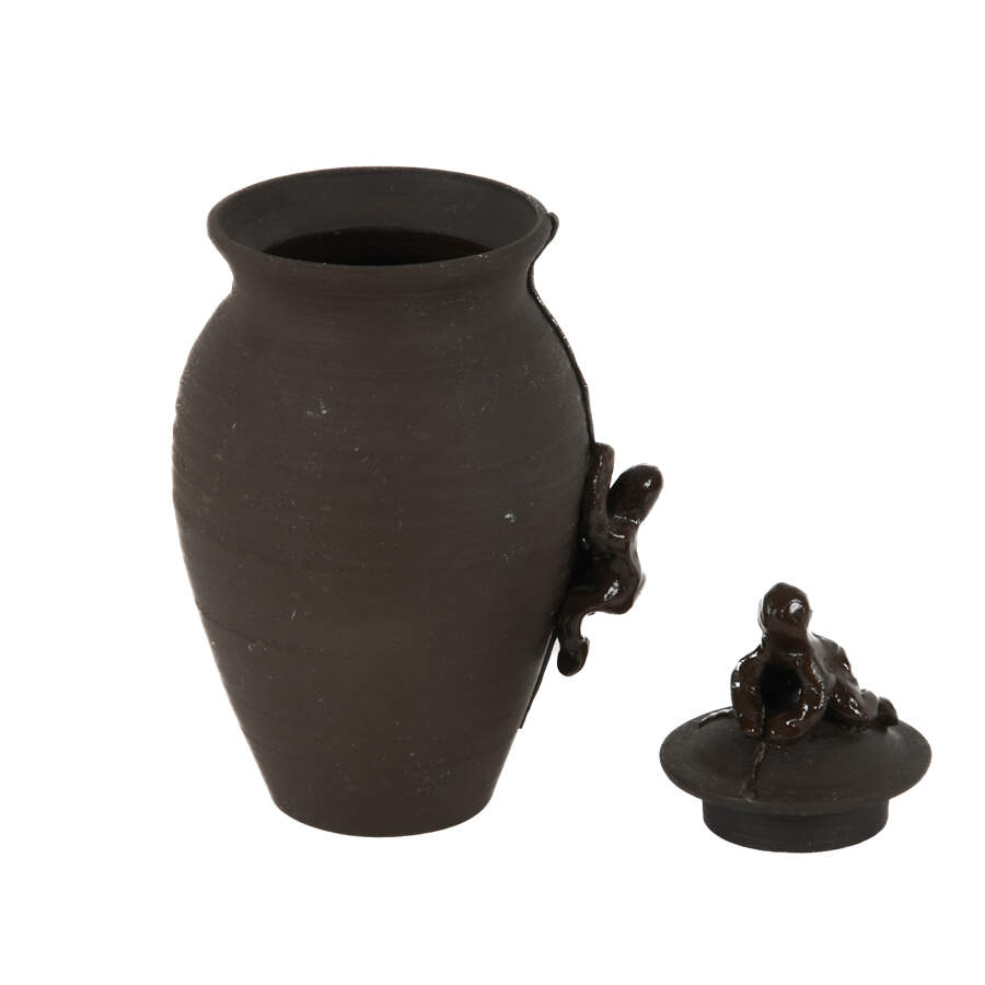 Antique Hand-Thrown Pottery Climbing Figures Covered Jar with Lid-6