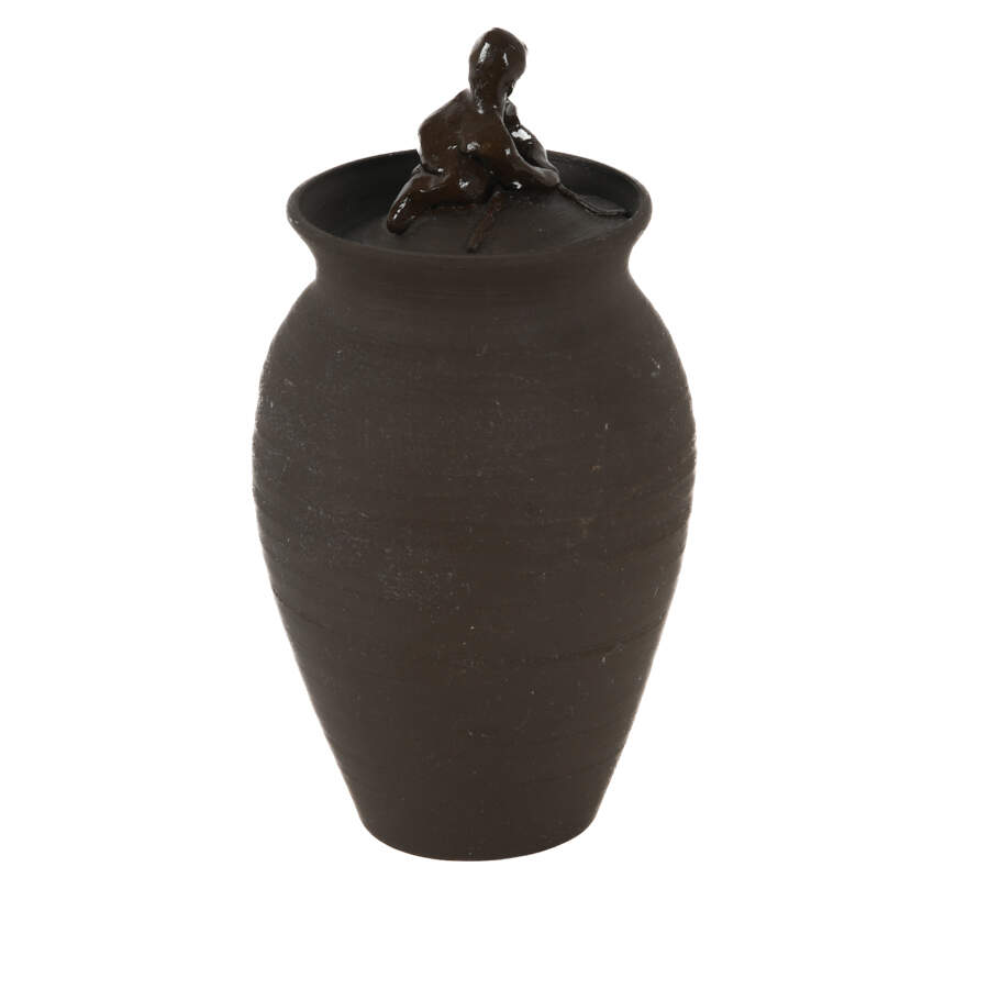 Antique Hand-Thrown Pottery Climbing Figures Covered Jar with Lid-5