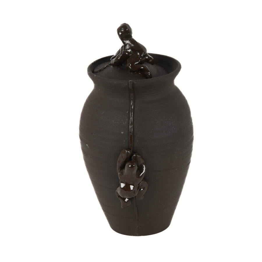 Antique Hand-Thrown Pottery Climbing Figures Covered Jar with Lid-3