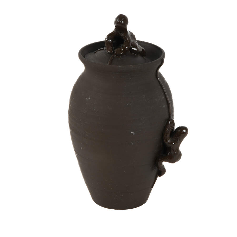 Antique Hand-Thrown Pottery Climbing Figures Covered Jar with Lid-2