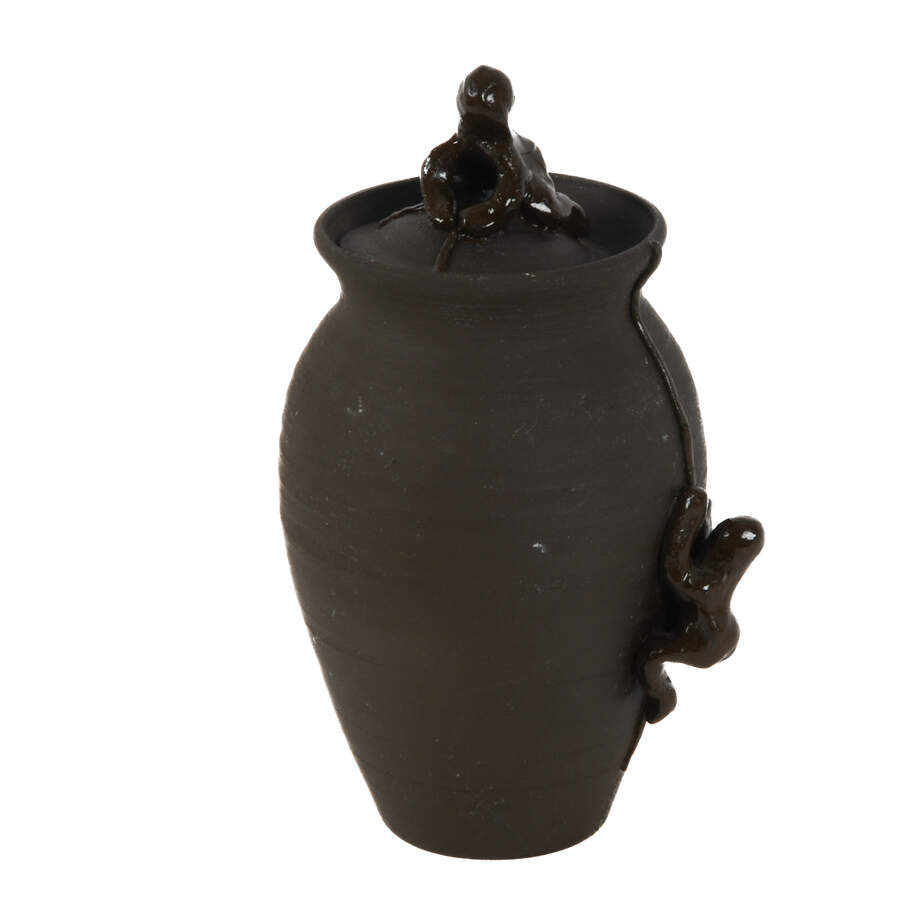 Antique Hand-Thrown Pottery Climbing Figures Covered Jar with Lid-1