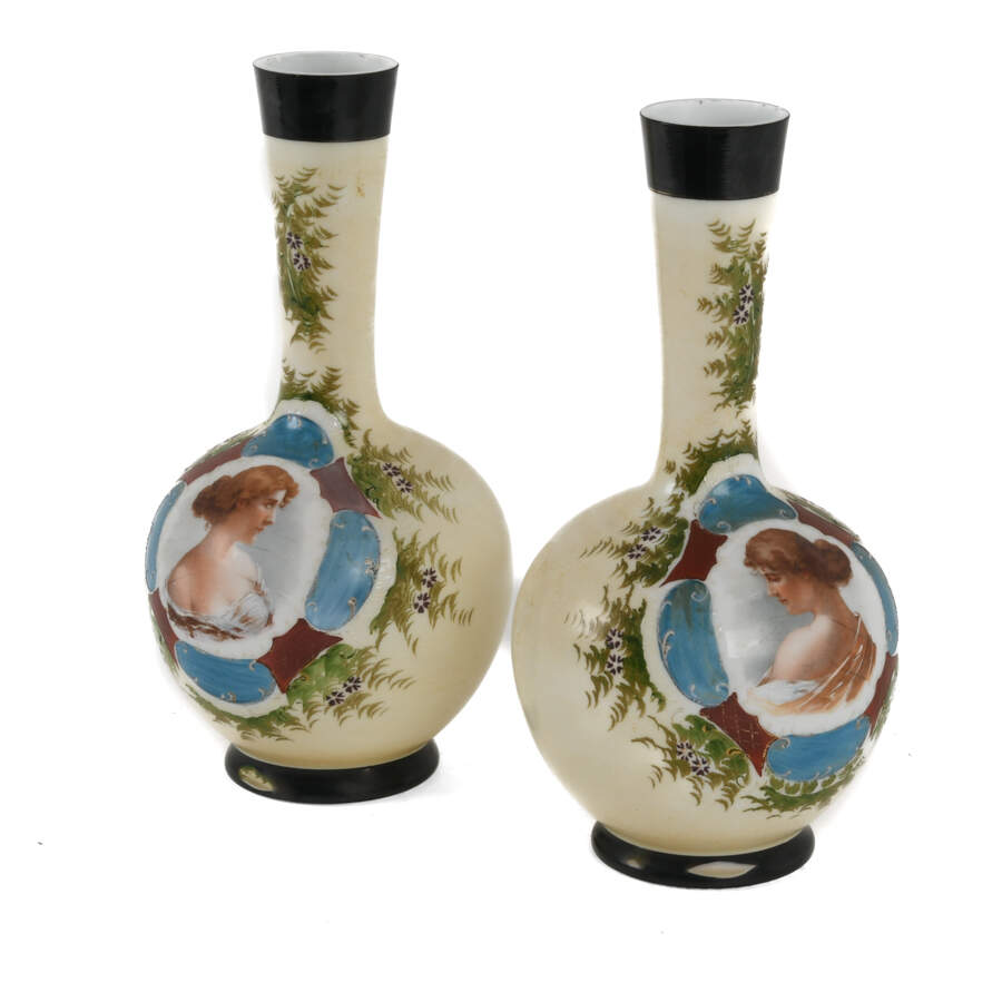 Antique Pair of Hand-Painted Bristol Glass Portrait Vases-5