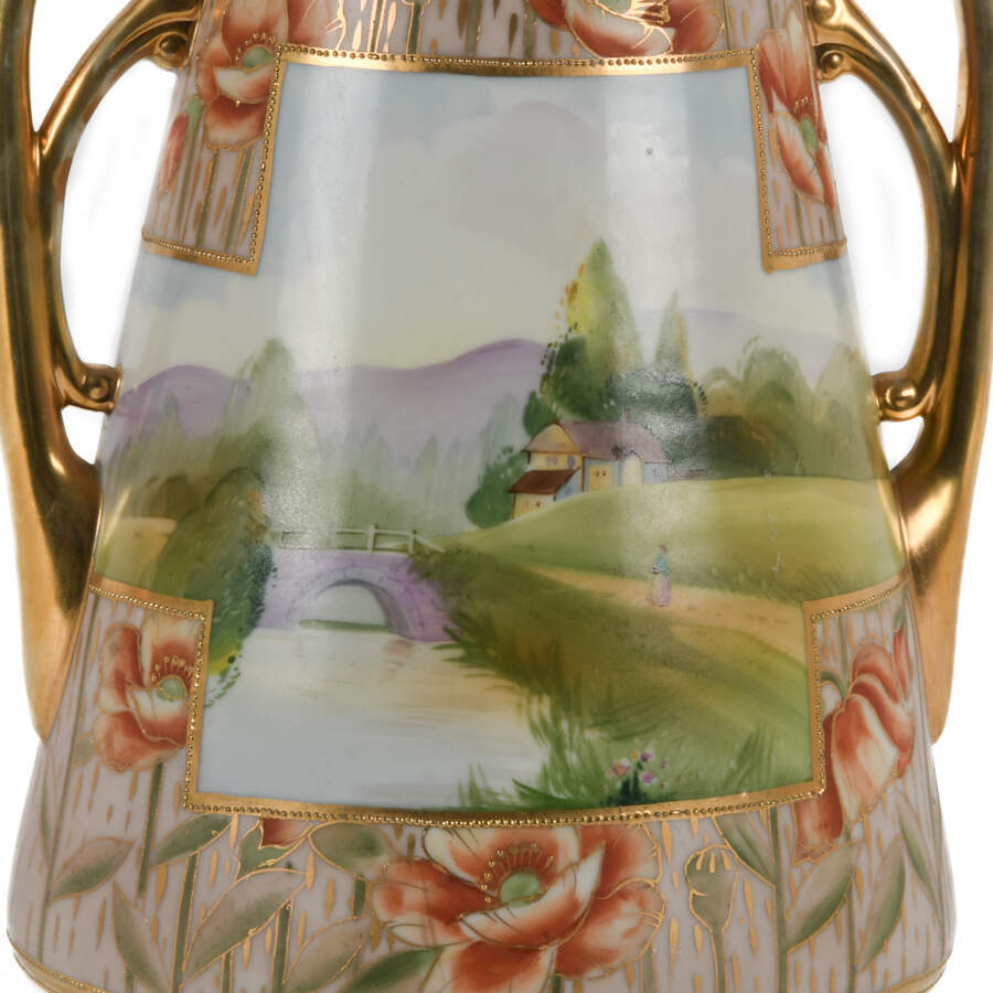 Oversized Nippon Hand-Painted Double Branch Handle Scene Vase-7