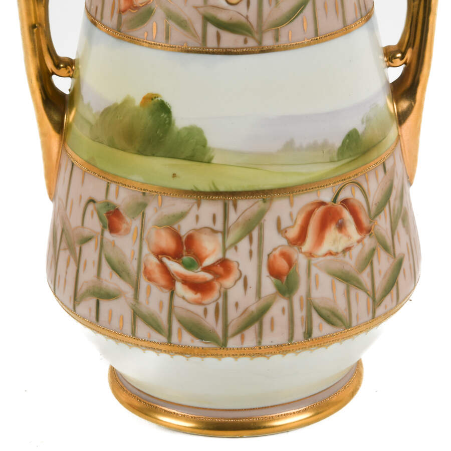 Oversized Nippon Hand-Painted Double Branch Handle Scene Vase-6