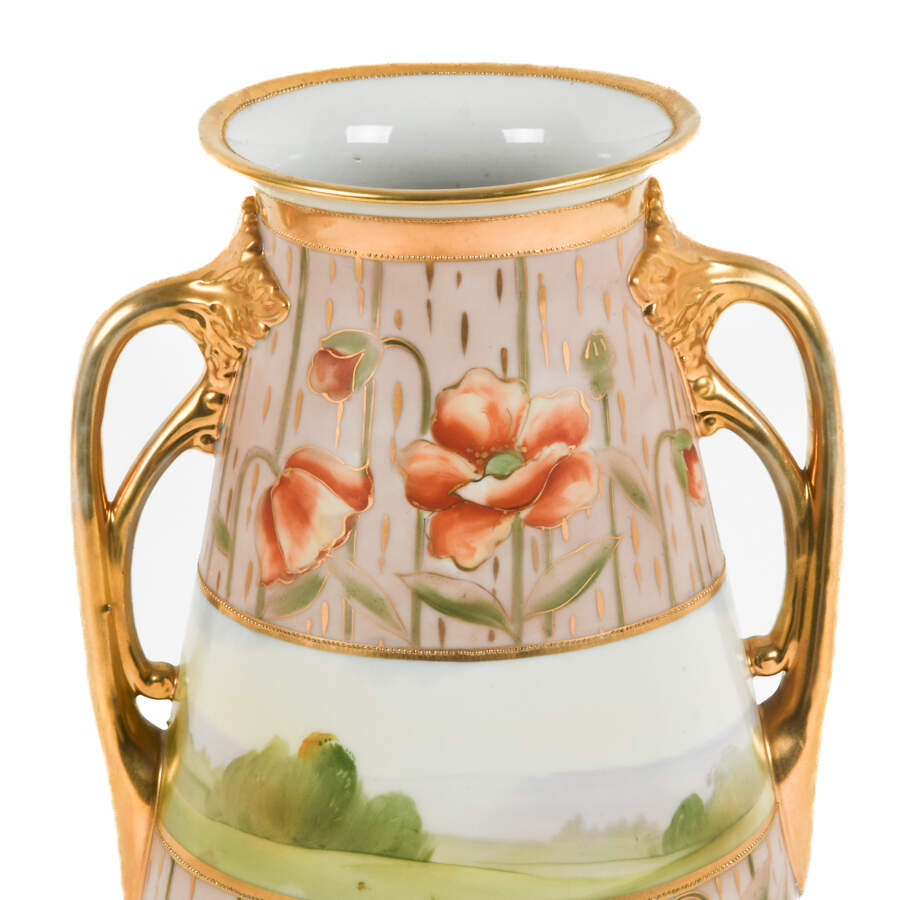 Oversized Nippon Hand-Painted Double Branch Handle Scene Vase-5