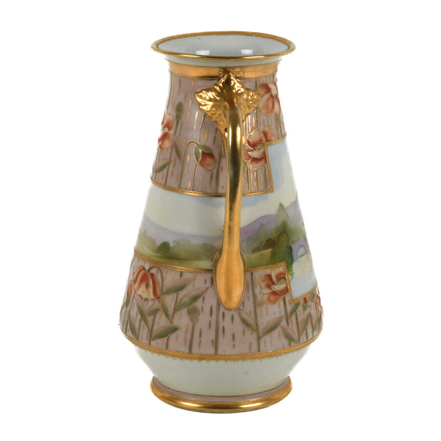 Oversized Nippon Hand-Painted Double Branch Handle Scene Vase-2