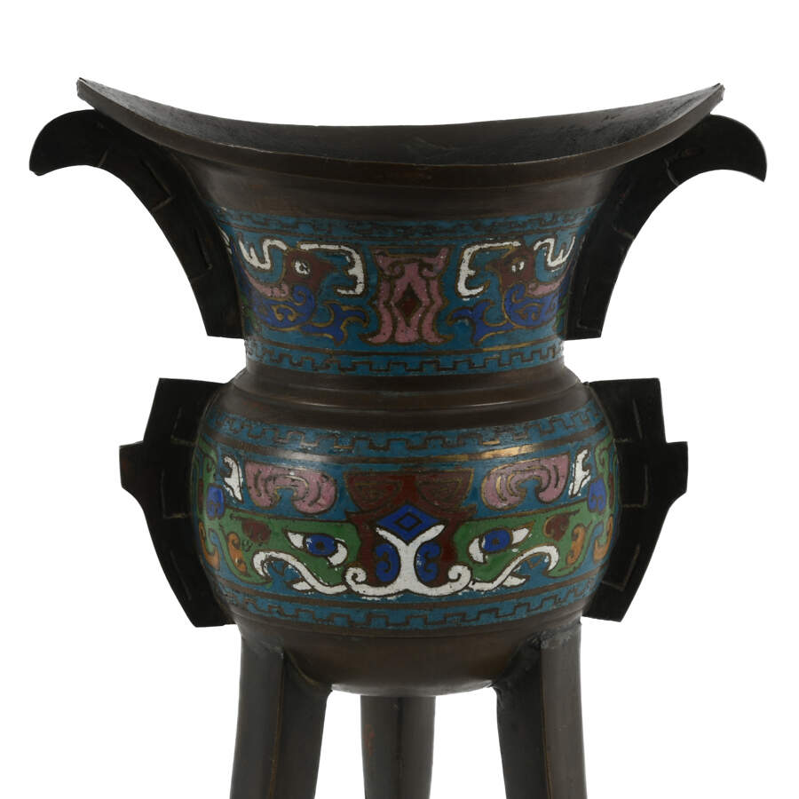 Japanese Champlevé Bronze Vessel Inspired by Chinese Archaic Jia Vessels-7
