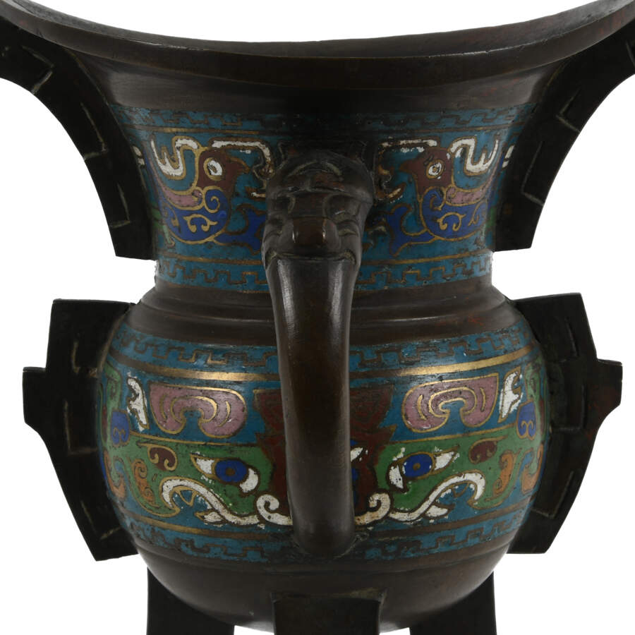 Japanese Champlevé Bronze Vessel Inspired by Chinese Archaic Jia Vessels-6