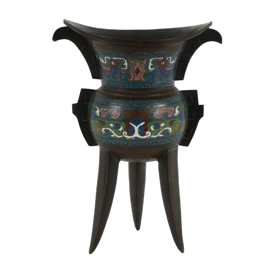 Japanese Champlevé Bronze Vessel Inspired by Chinese Archaic Jia Vessels-1